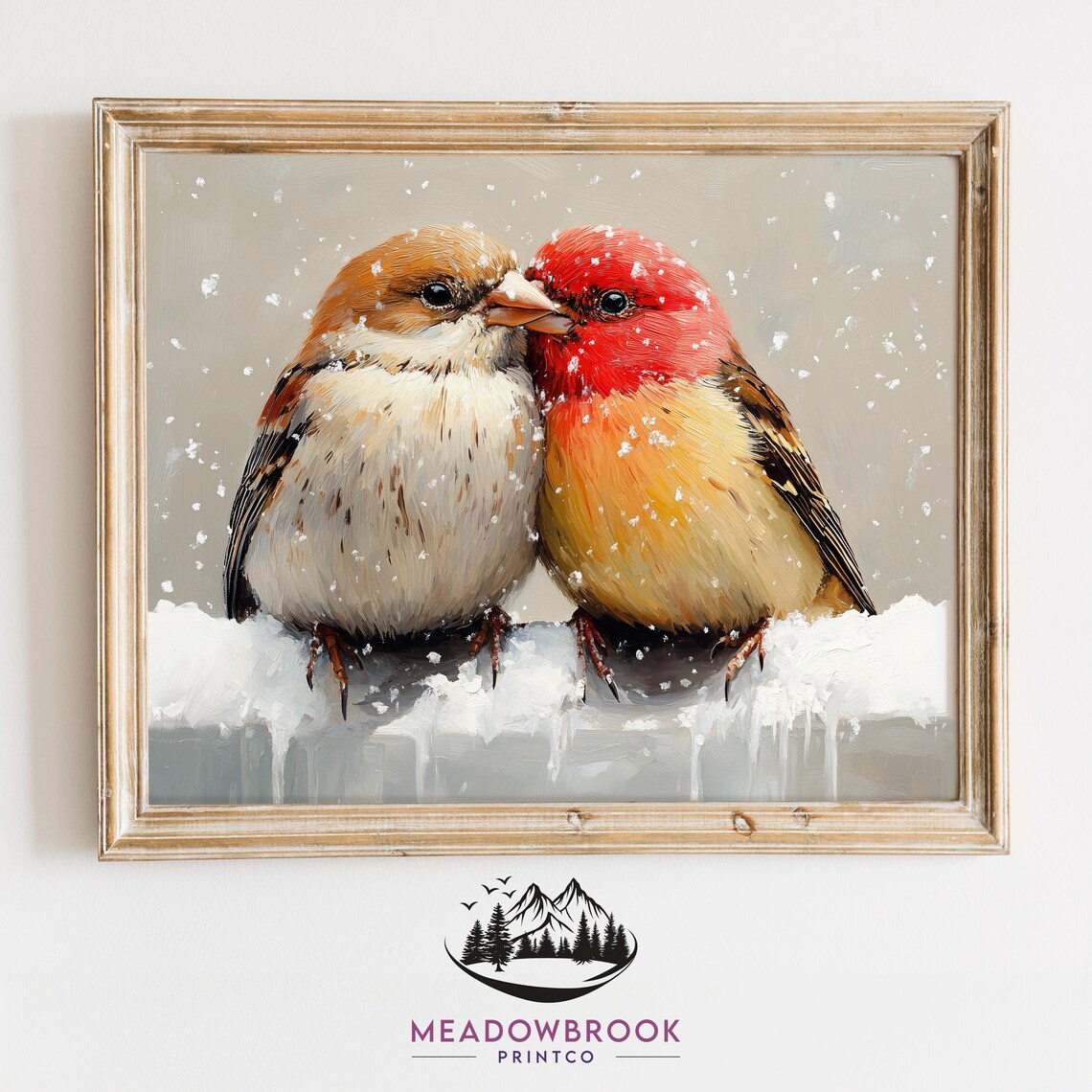 Pair Of House Finches Cuddled Together On Snowy Winter Branch Poster