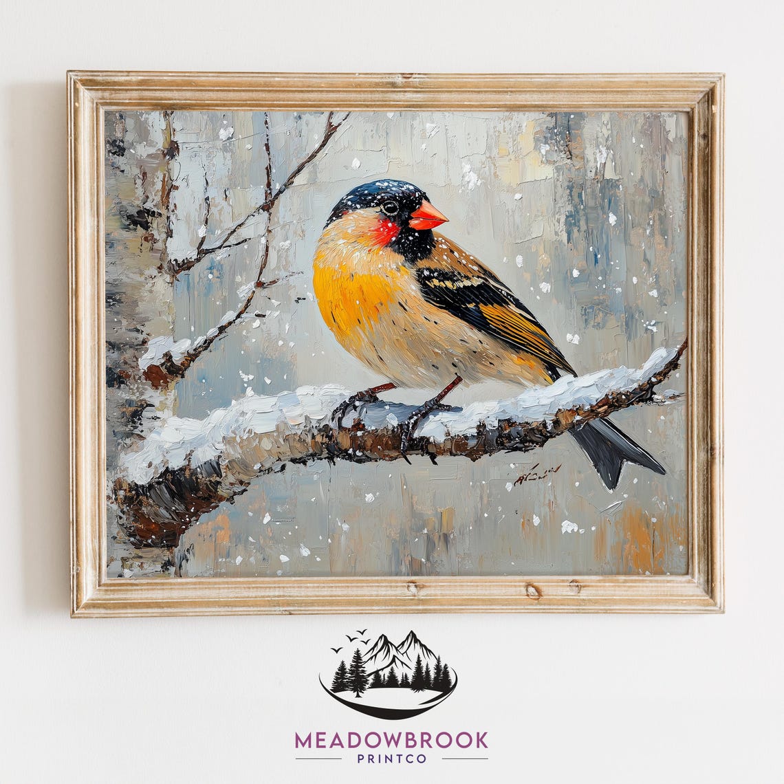 Goldfinch On Snow Covered Branch Soft Winter Morning Bird Poster