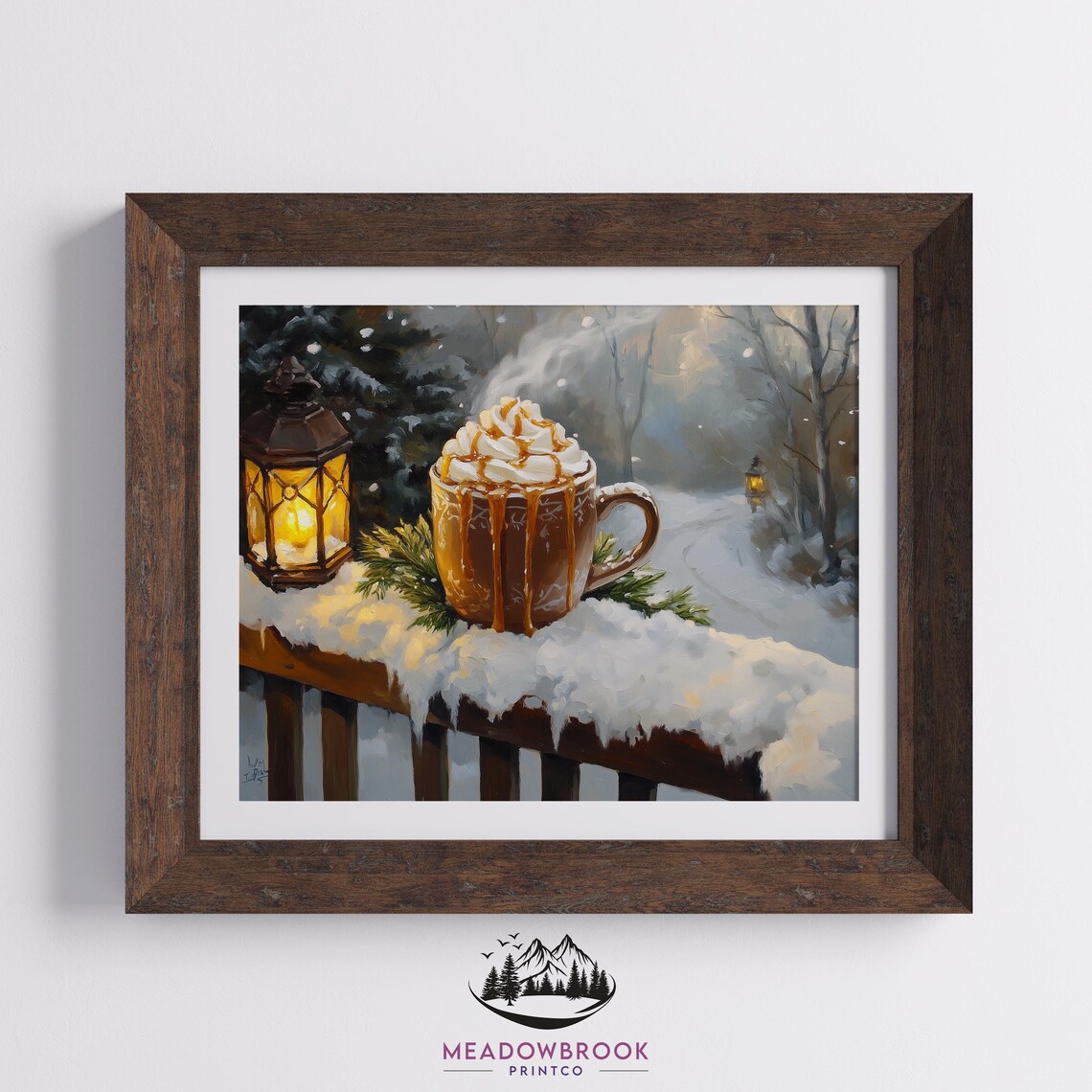 Hot Cocoa Mug With Lantern On Snowy Porch Winter Farmhouse Art Poster - Image 2