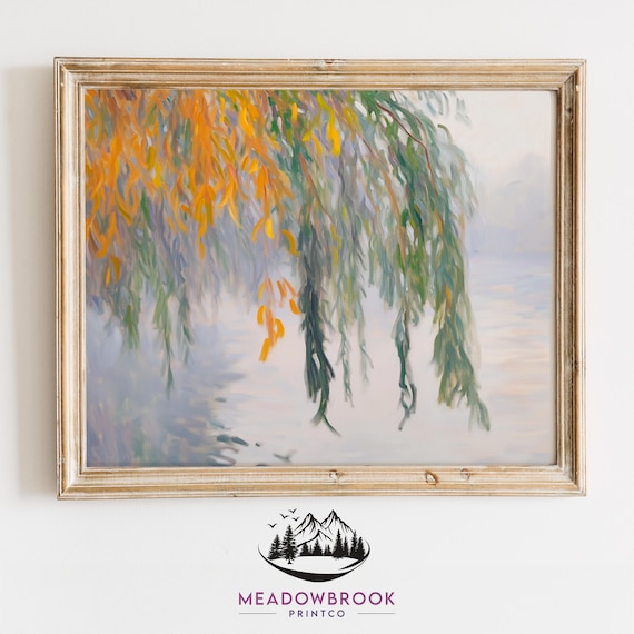 Foggy Morning With Weeping Willows Painting Serene Autumn Scene Moody Rustic Cottagecore Wall Art Earthy Fall Decor 78