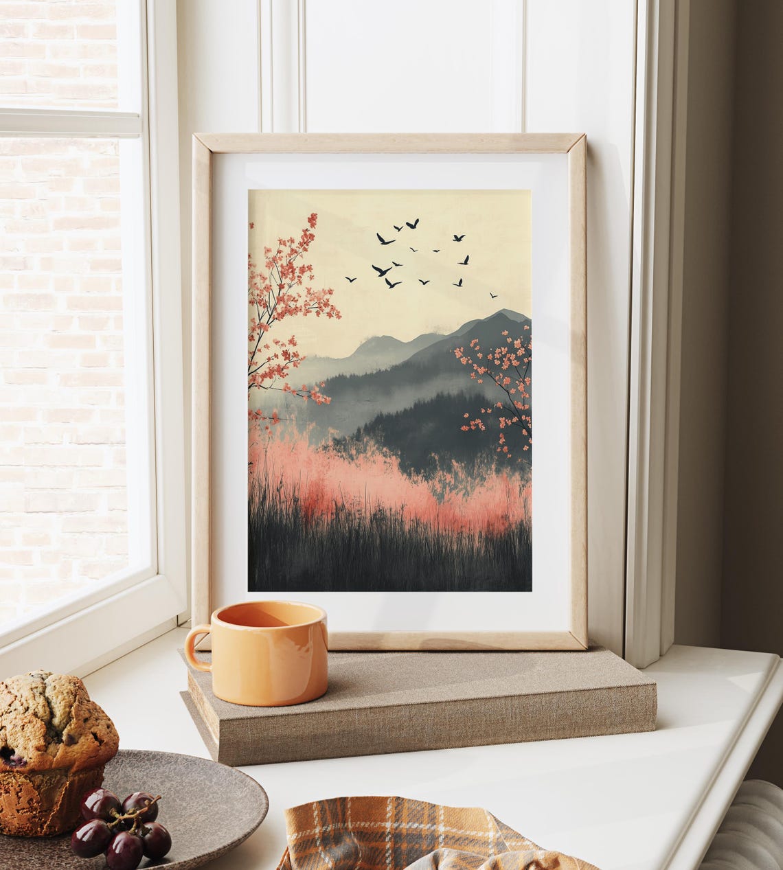 Blossom Trees Birds In Flight Misty Mountain Minimalist Art Poster - Image 3