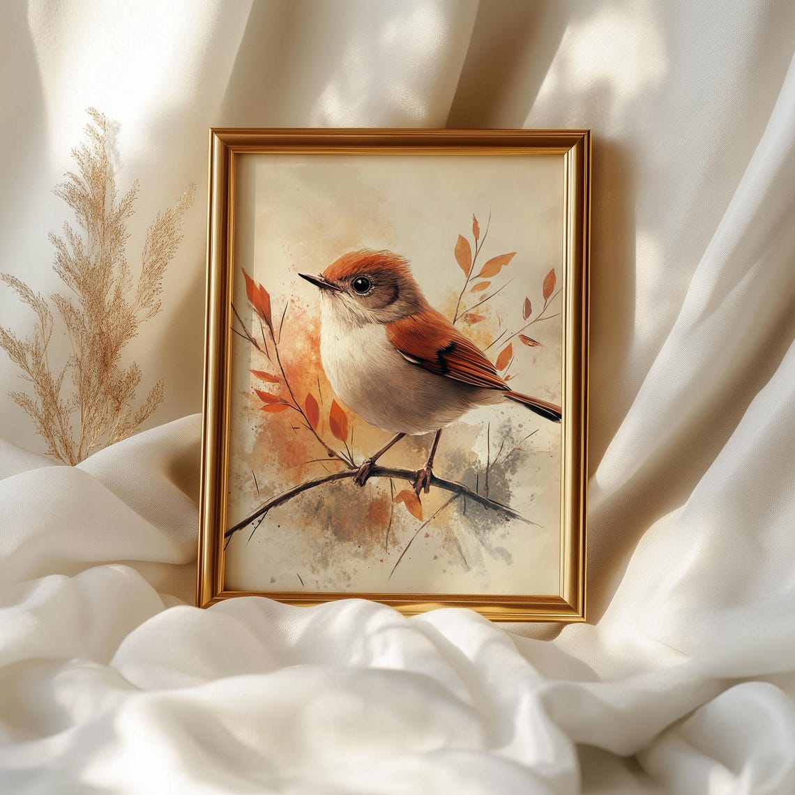 Watercolor Songbird With Autumn Leaves Rustic Bird Art Print Poster - Image 2