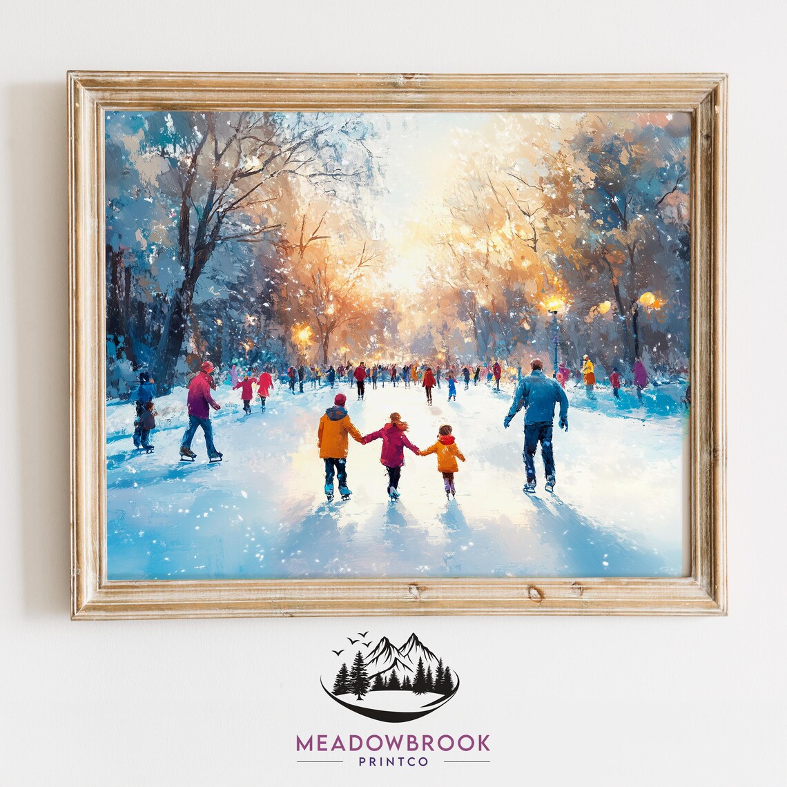 Families Ice Skating in a Winter Park, Vintage Christmas