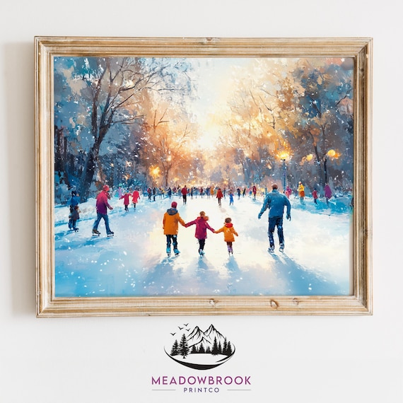Families Ice Skating in a Winter Park, Vintage Christmas