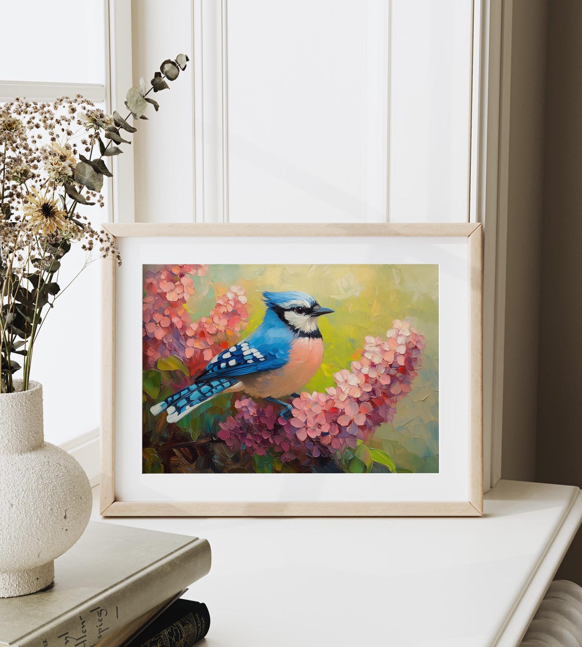 Blue Jay Among Blooming Coral Blossoms Spring Impasto Art Poster - Image 3