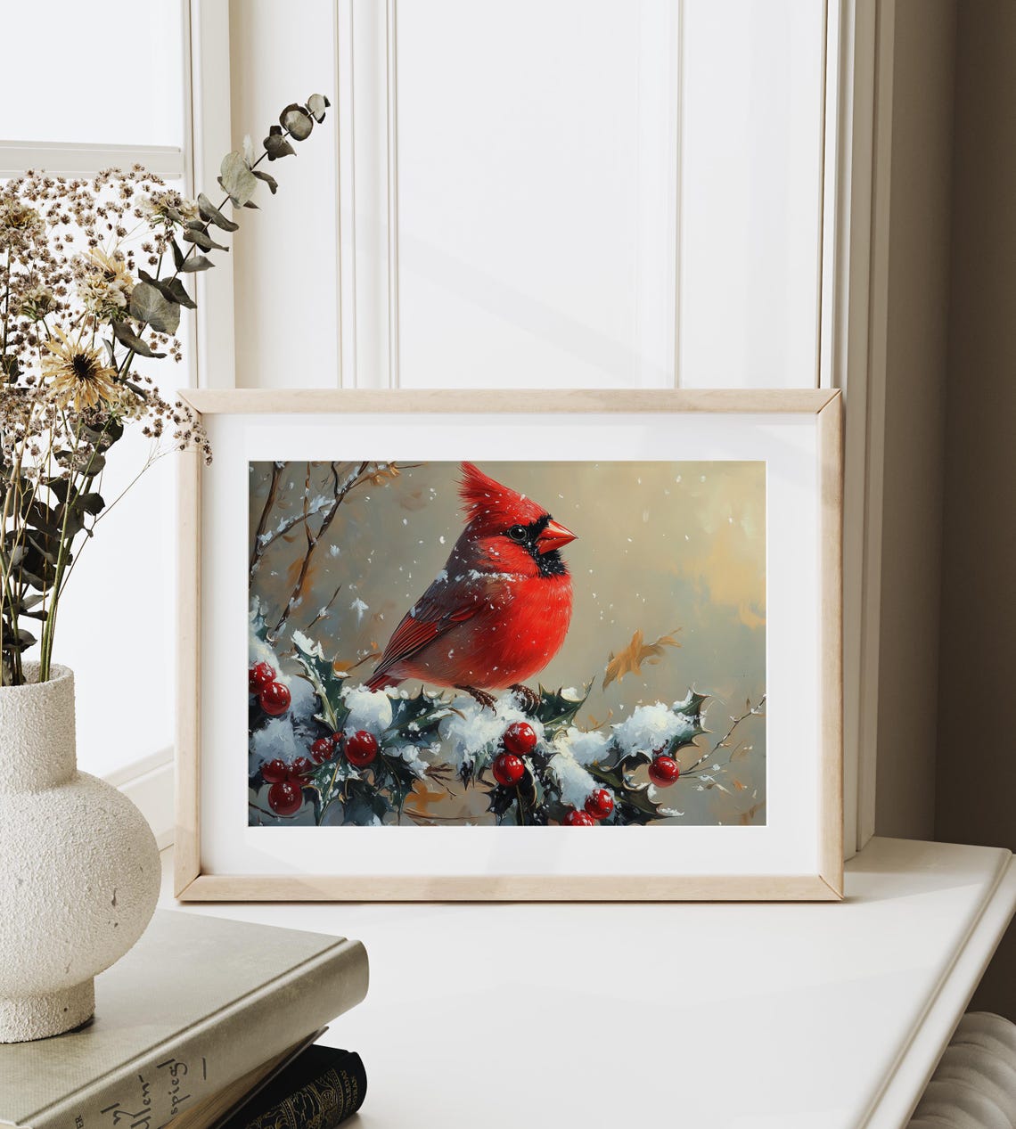 Red Cardinal On Snowy Holly Branch With Berries Winter Bird Poster - Image 3