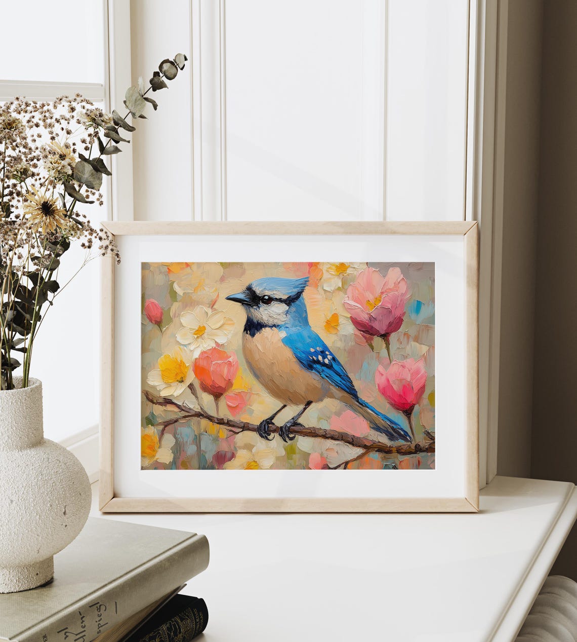 Blue Jay Bird Perched in Pastel Spring Cherry Blossom Flowers Poster - Image 3