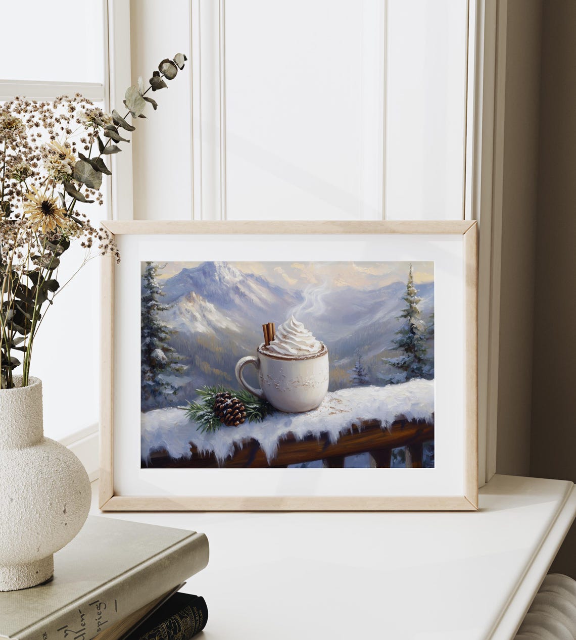 Steaming Cocoa Mug With Snowy Mountain View Winter Cabin Art Poster - Image 3