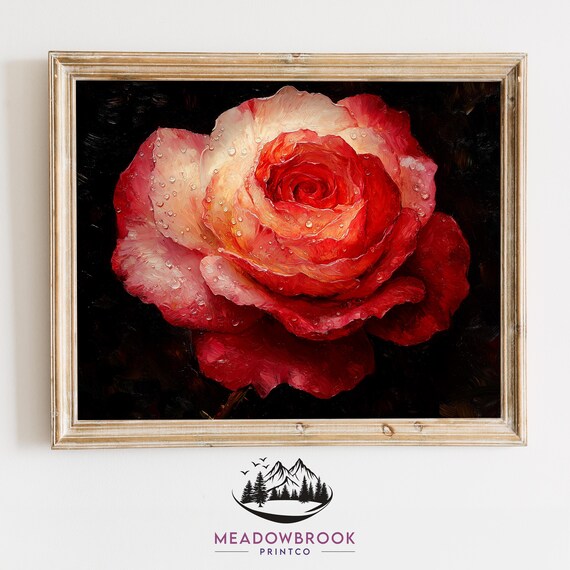 Moody Red Rose In Full Bloom Painting Valentines Day Wall Art Romantic Floral Decor Vintage Botanical Love Print 890