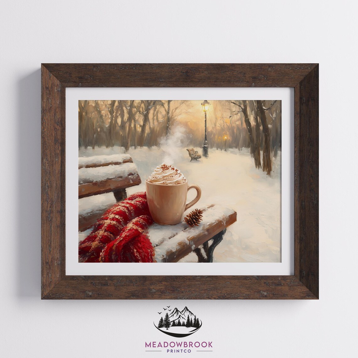 Hot Cocoa Mug On Snowy Park Bench With Cozy Red Scarf Art Poster - Image 2