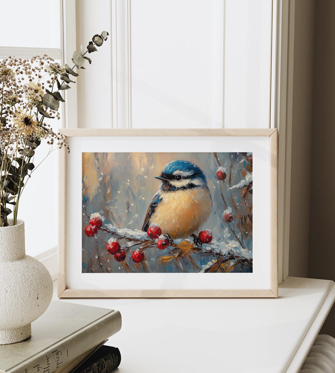 Blue Tit Bird Among Snowy Red Berries Winter Oil Painting Poster - Image 3