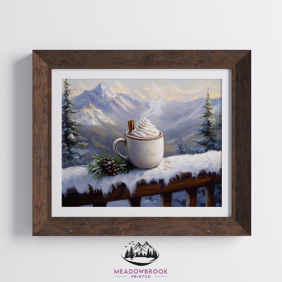 Steaming Cocoa Mug With Snowy Mountain View Winter Cabin Art Poster - Image 2