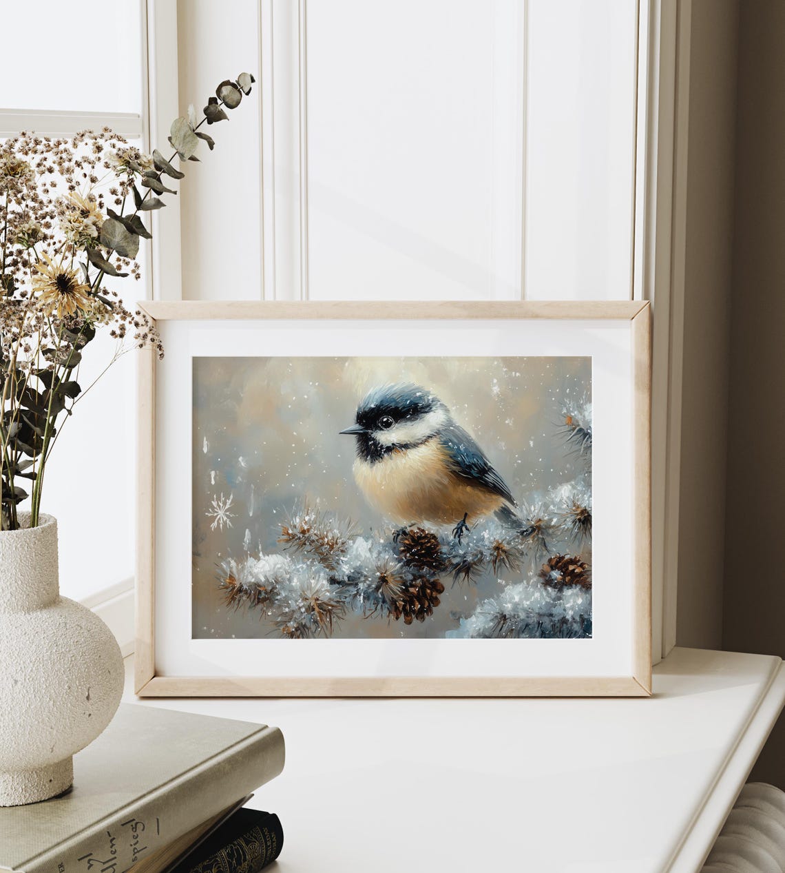 Chickadee Bird on Snowy Evergreen Branch With Pinecones Winter Art - Image 3