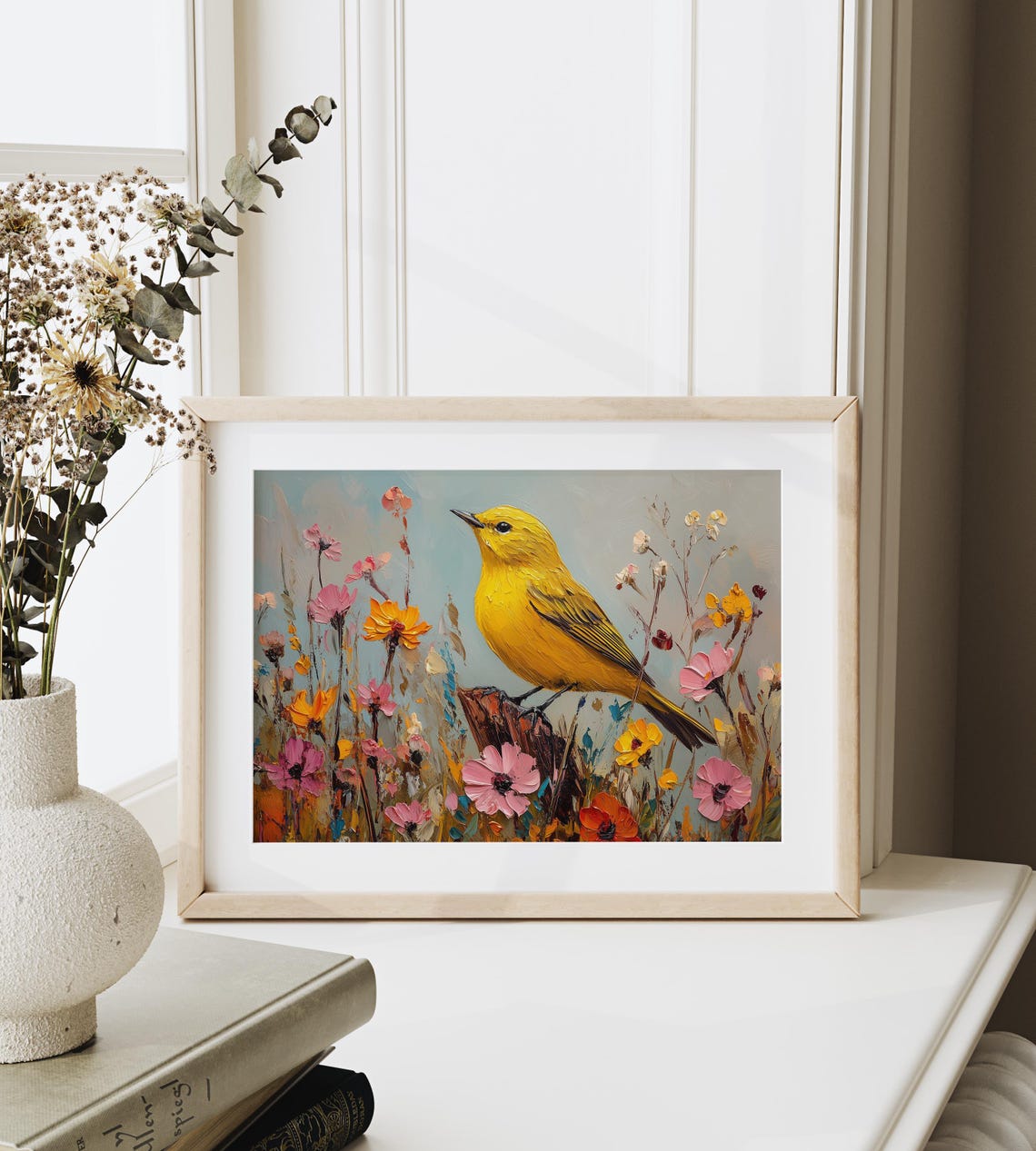 Yellow Warbler Bird on Post Among Colorful Cosmos Wildflowers Poster - Image 3
