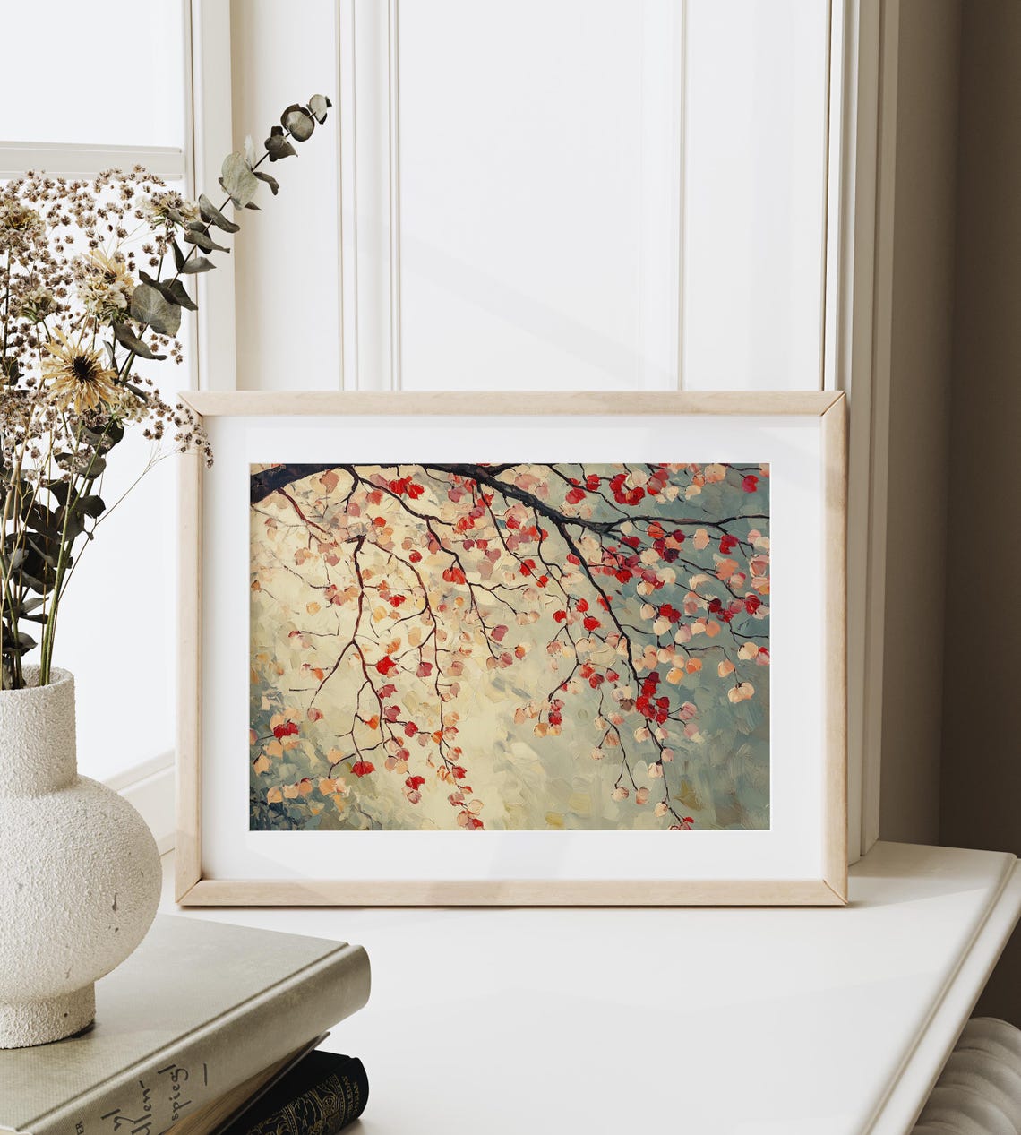 Autumn Cherry Tree Branches From Below Red Leaves Sky View Wall Art - Image 3