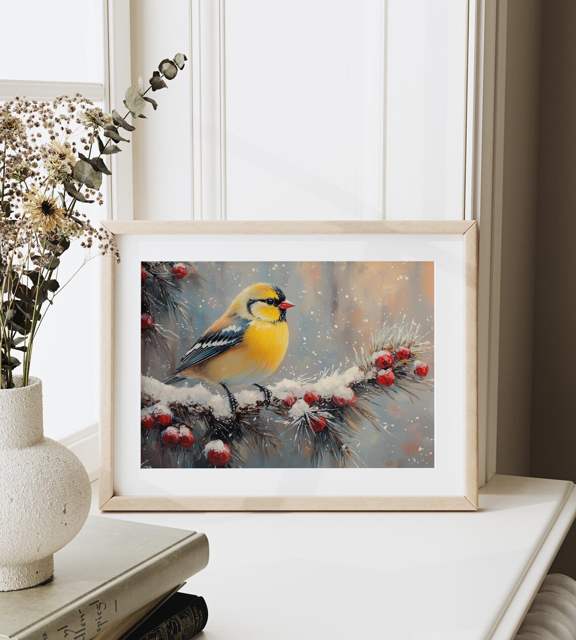 Goldfinch On Snow Covered Branch With Red Berries Winter Oil Poster - Image 3