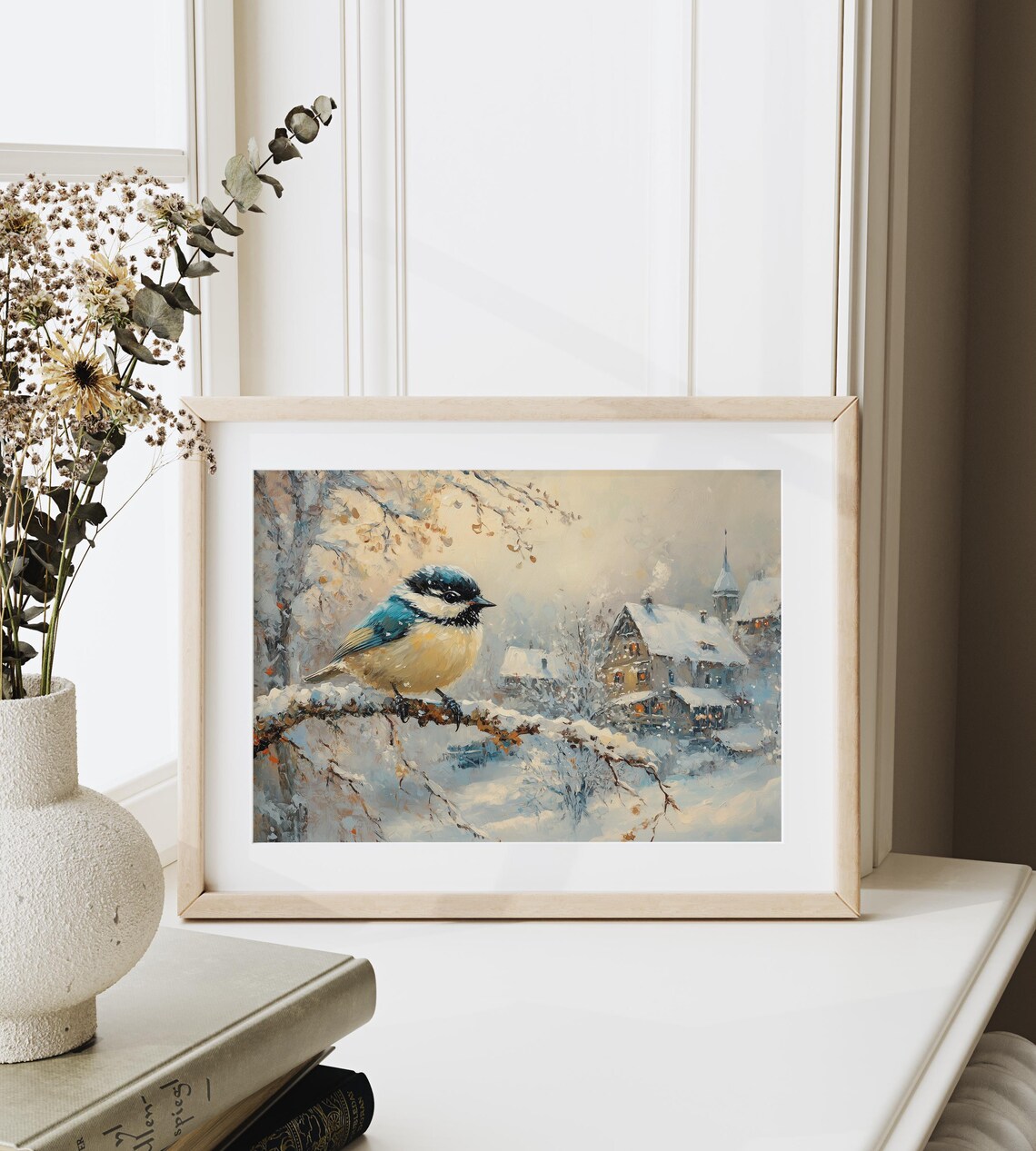 Blue Tit Bird on Snowy Branch Above Cozy Winter Village Scene Poster - Image 3