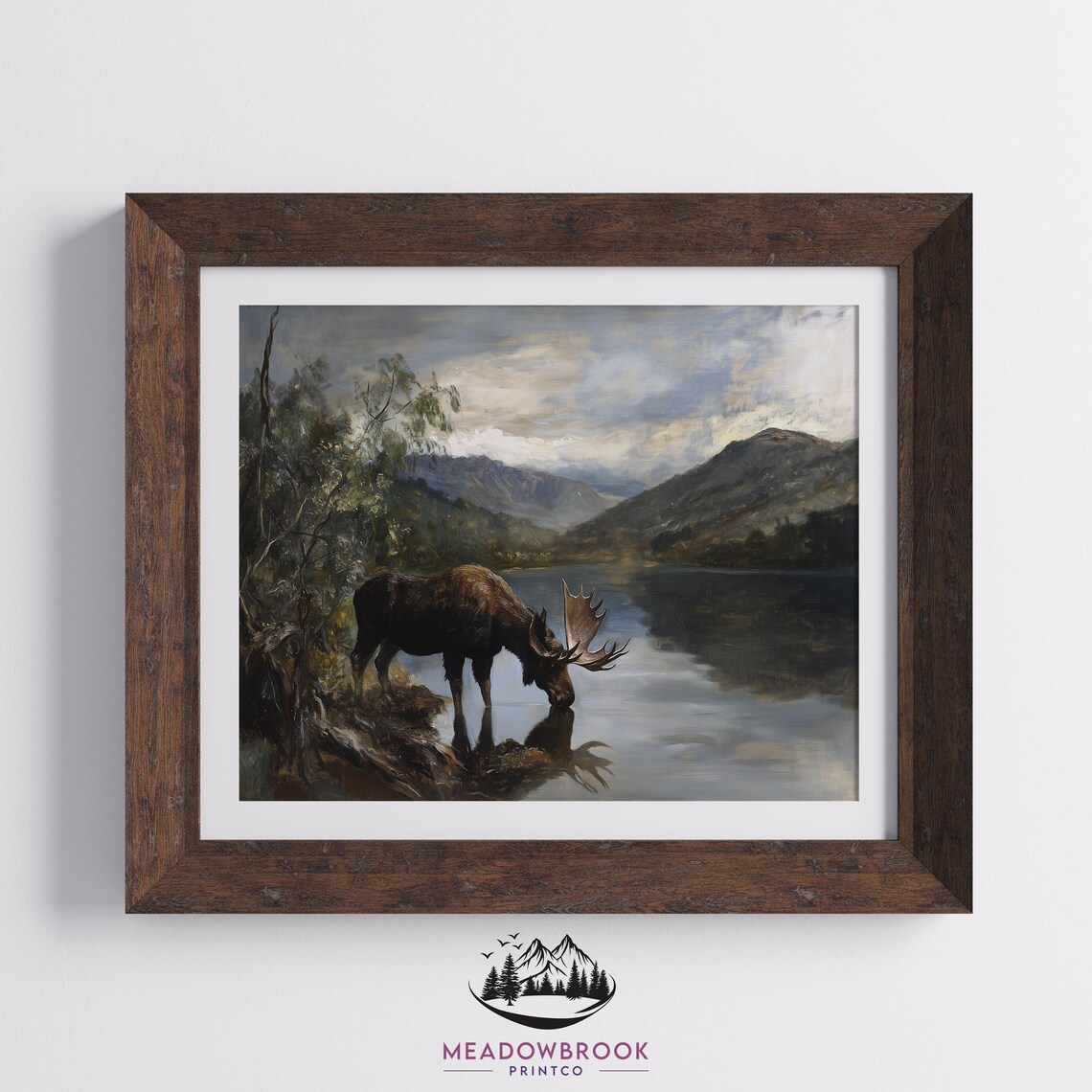 Moose Drinking From Mountain Lake, Rustic Wildlife Art Print - Image 2