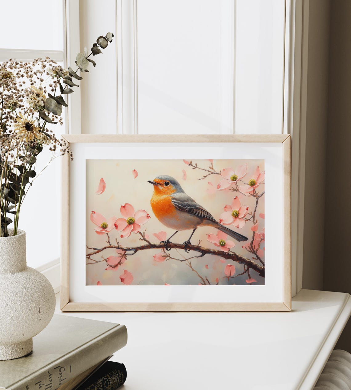 Orange Breasted Songbird On Flowering Dogwood Branch Spring Art Poster - Image 3