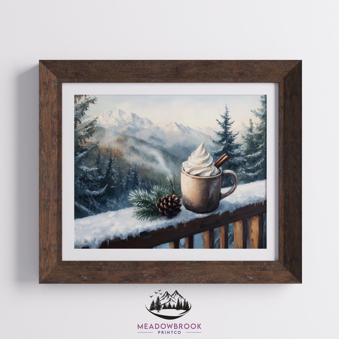 Hot Cocoa Mug On Snowy Balcony With Mountain View Art Poster - Image 2