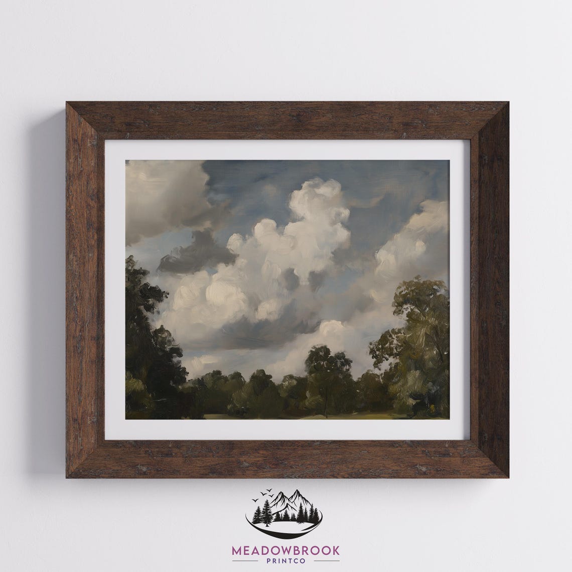 Billowing Clouds Over Forest Tree Line Vintage Sky Painting Print - Image 2