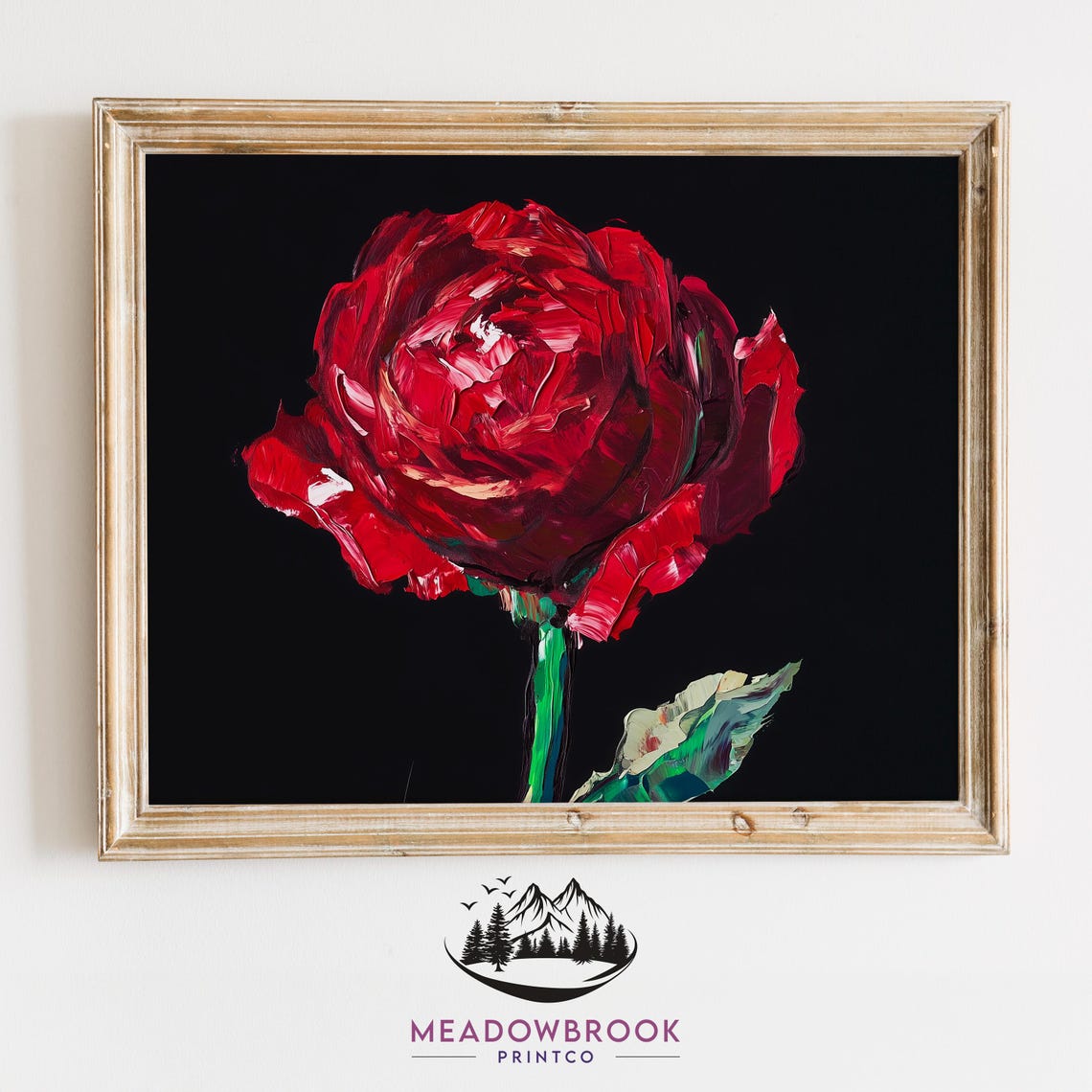 Bold Red Rose On Black Background Impasto Floral Painting Print