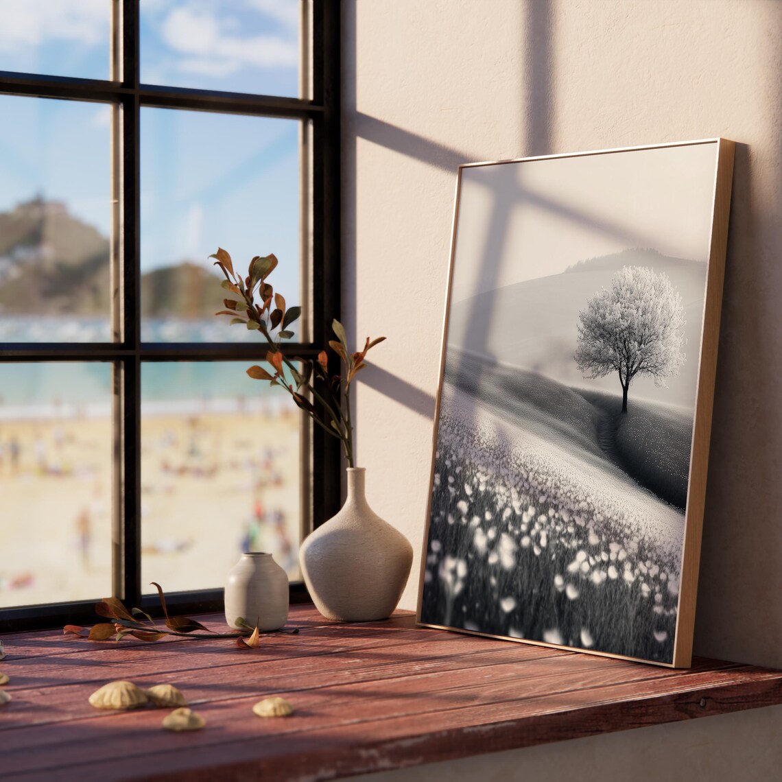 Lone Blooming Tree Black And White Minimalist Hillside Photo Poster - Image 2