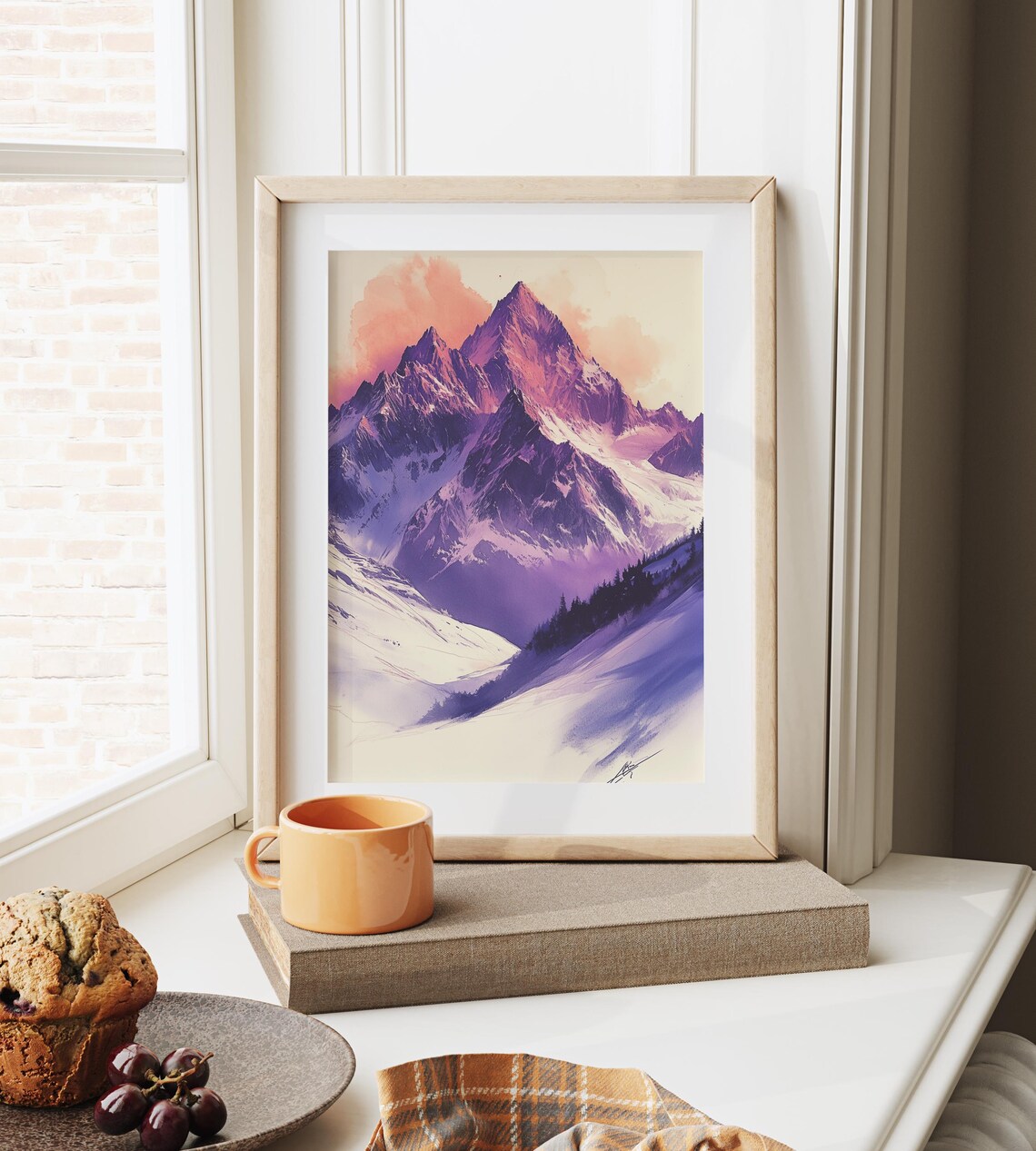 Snowy Mountain Peaks Purple Watercolor Alpine Sketch Winter Poster - Image 3