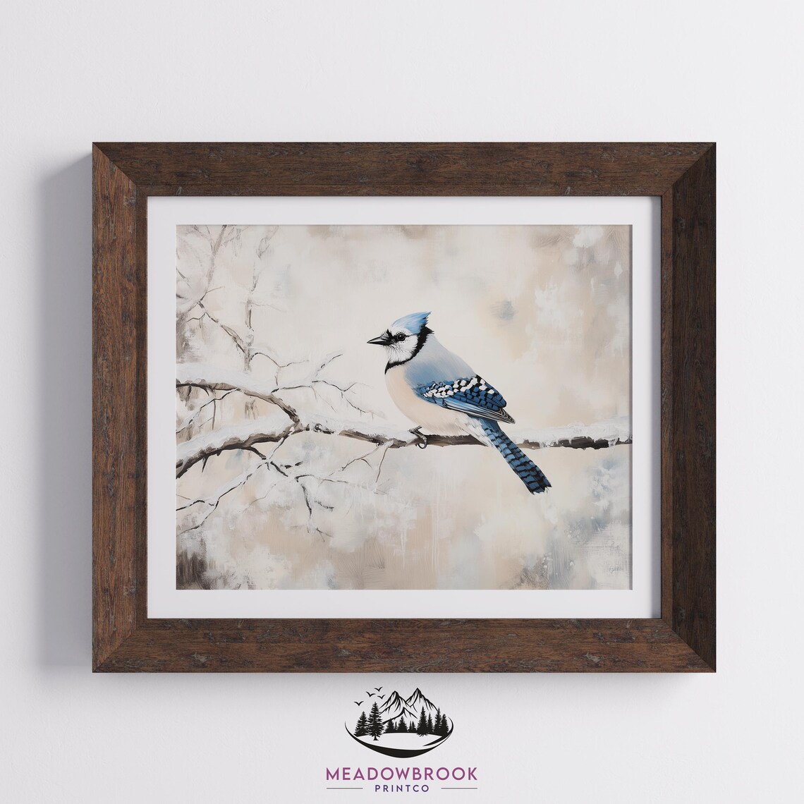 Blue Jay On Frosty Pine Branches, Rustic Vintage Art Print - Image 2