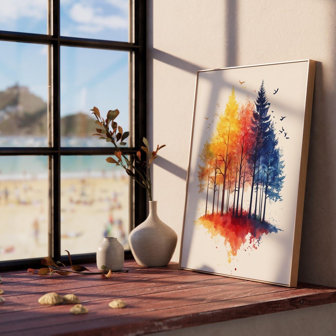 Colorful Forest Trees Yellow To Blue Gradient Watercolor Art Poster - Image 2