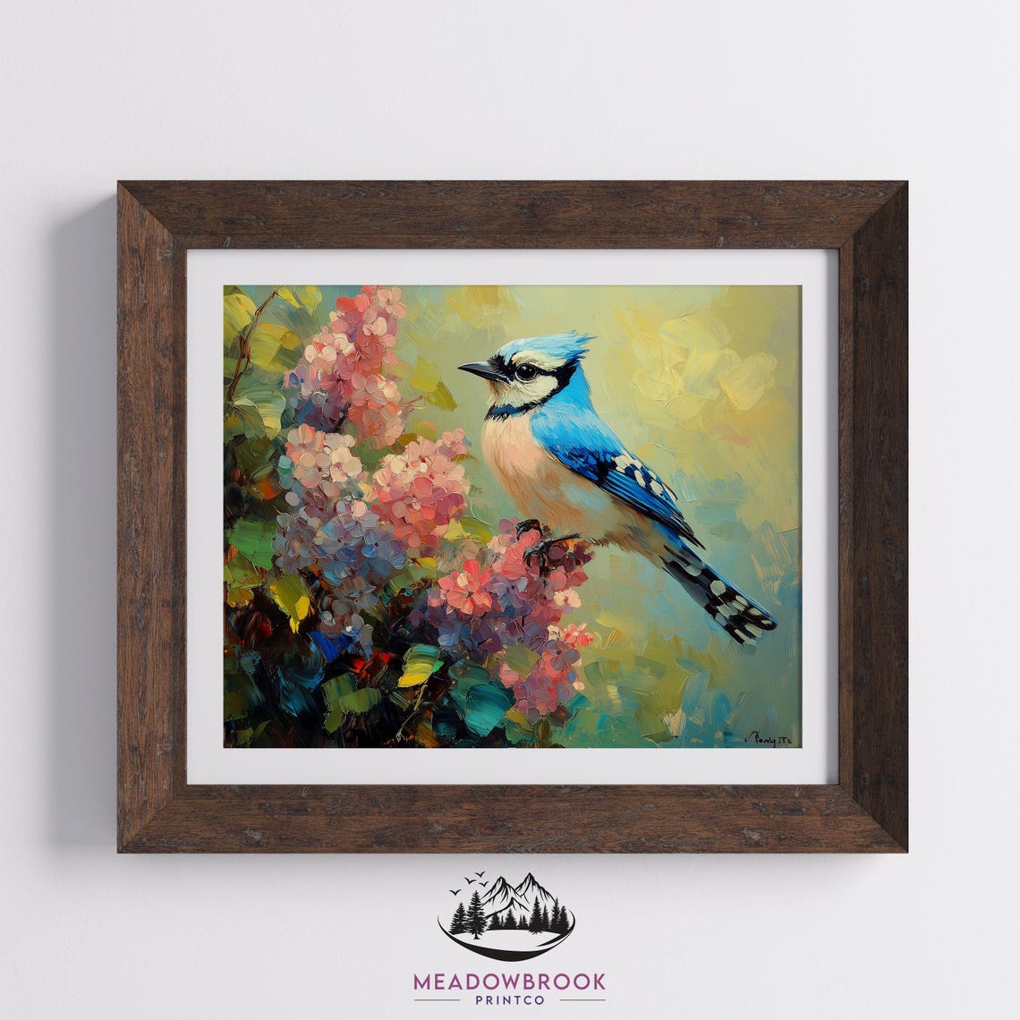 Blue Jay Perched On Blooming Hydrangea Branch Impasto Spring Poster - Image 2