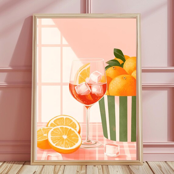 Aperol Spritz Cocktail Glass Oranges Pink Gingham Kitchen Art Poster