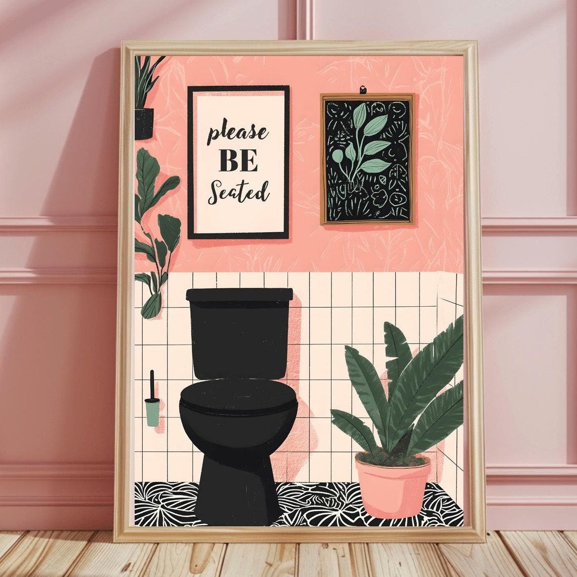 Please Be Seated Funny Black Toilet Botanical Bathroom Wall Poster