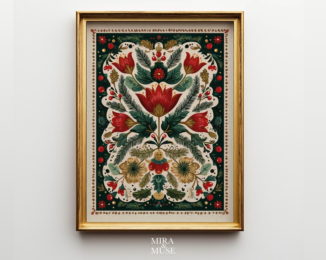 Folk Botanical Poster, Holiday Floral Art Print
