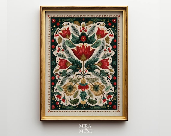 Folk Botanical Poster, Holiday Floral Art Print