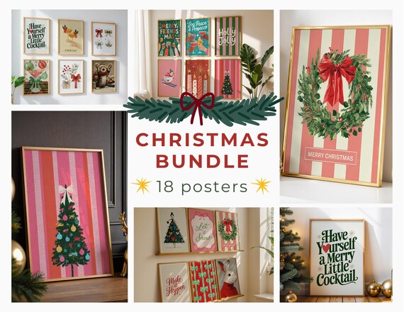 Christmas Poster Bundle 18 Designs Pink Festive Holiday Collection