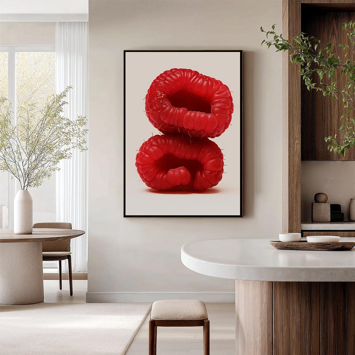 Raspberry Wall Art Fruit Photography Kitchen Decor Red Abstract Pink Room Minimalist Feminine