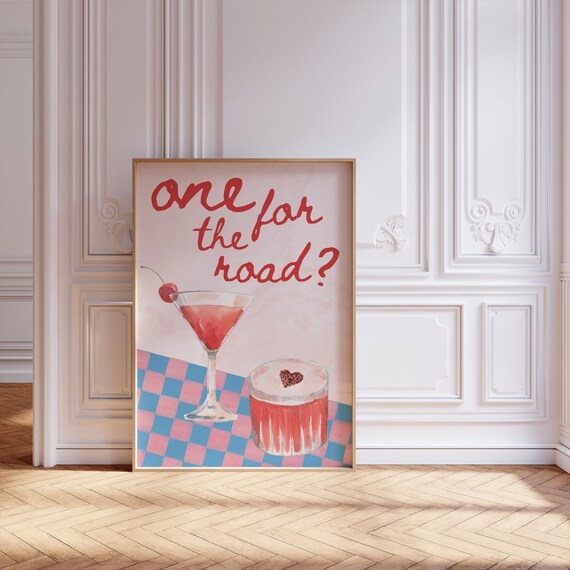 One for the Road Cocktail Poster with Martini Watercolor on Checks