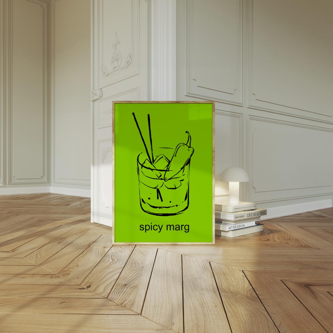 Spicy Marg Neon Green Margarita Cocktail Minimalist Line Art Poster - Image 2