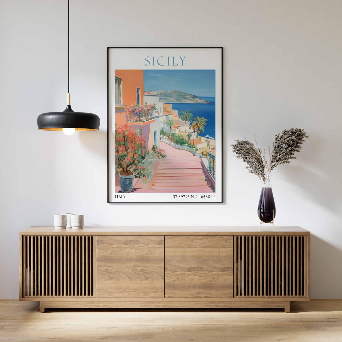 Sicily Coastal Village Steps Seaside Town Watercolor Travel Poster - Image 2