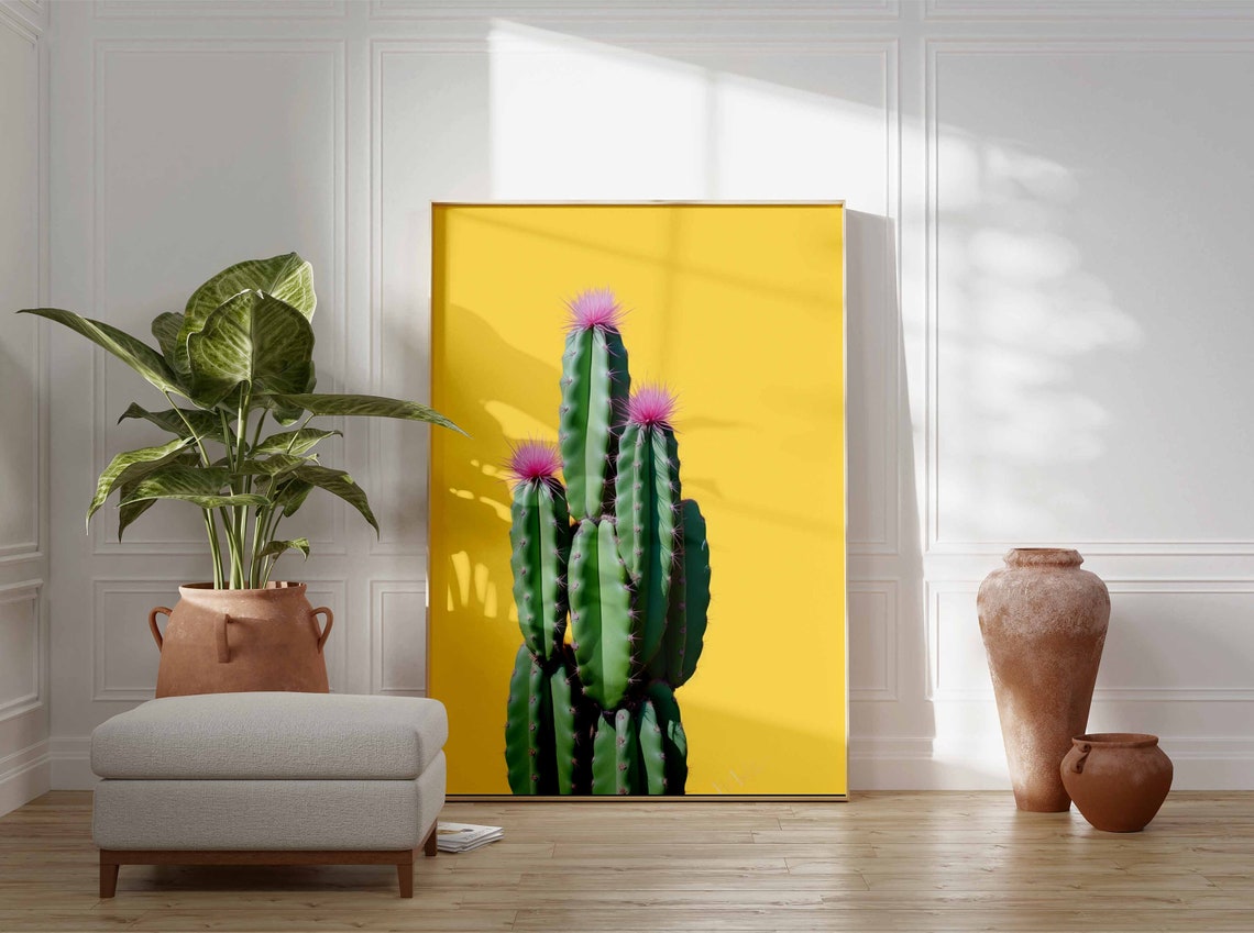 Columnar Cactus with Pink Fuzzy Blooms on a Yellow Background Poster - Image 3