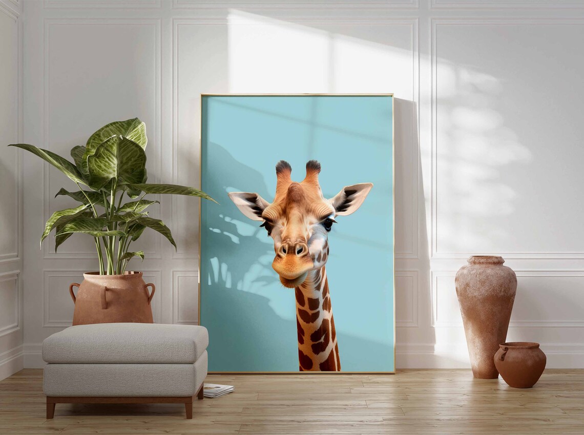 Baby Giraffe Portrait on Teal Background with Curious Eyes Poster - Image 3