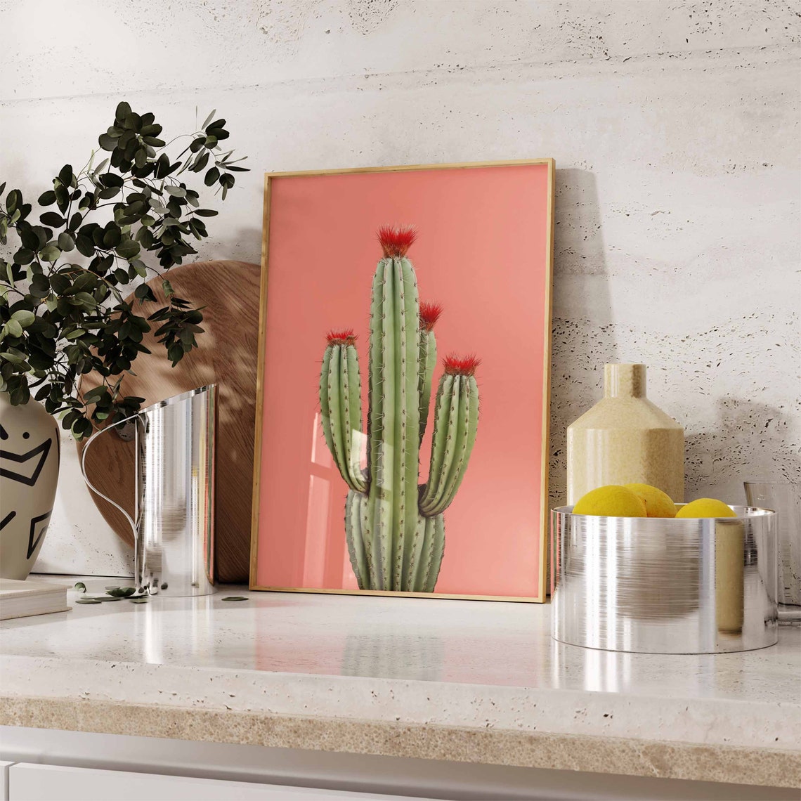 Cactus with Fuzzy Red Flower Crowns on a Salmon Background Poster - Image 2