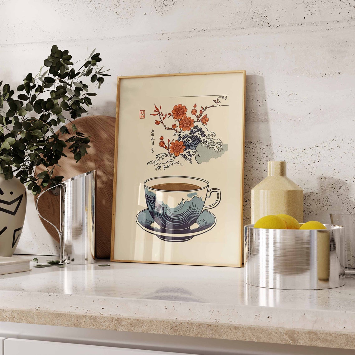 Japanese Tea Cup Great Wave Blossom Ukiyo-E Style Tea Poster - Image 3