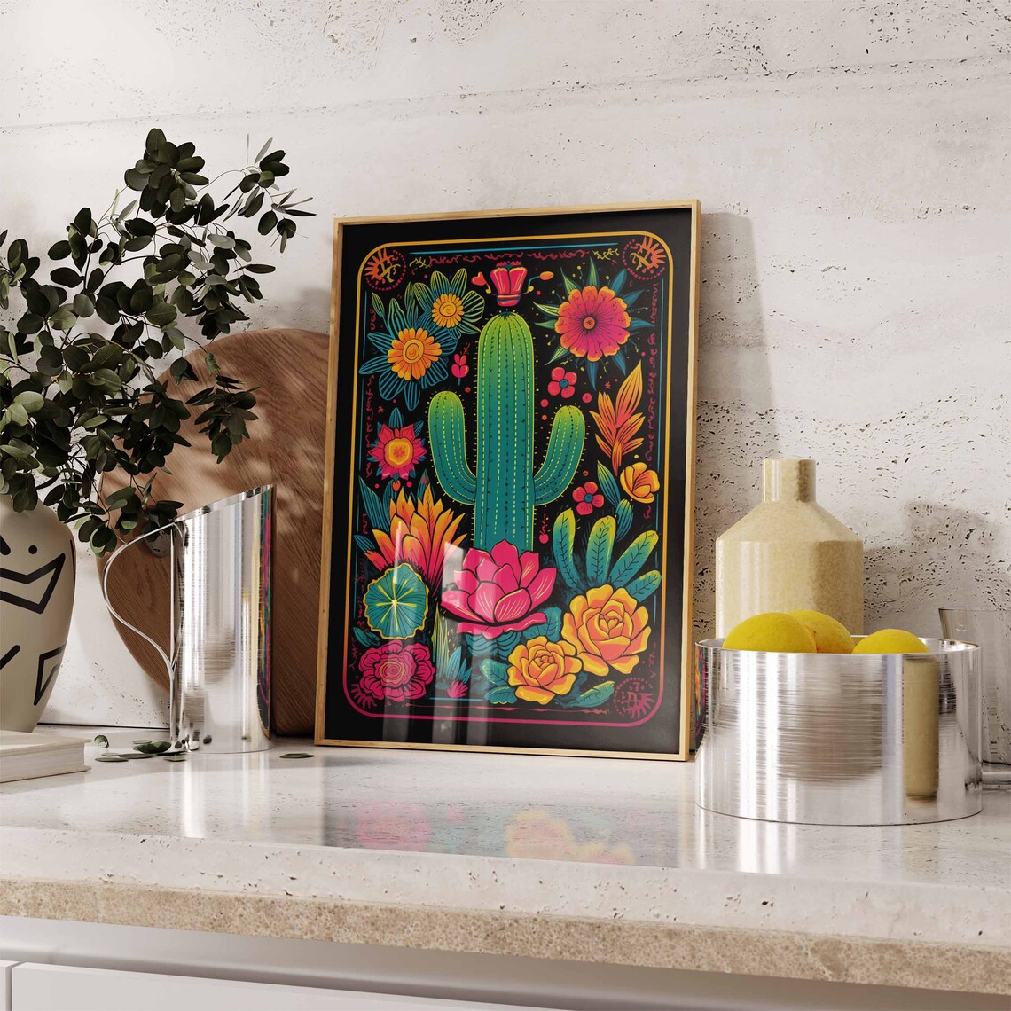 Neon Folk Art Teal Saguaro Colorful Pink Orange Blooms Black Poster - Image 2