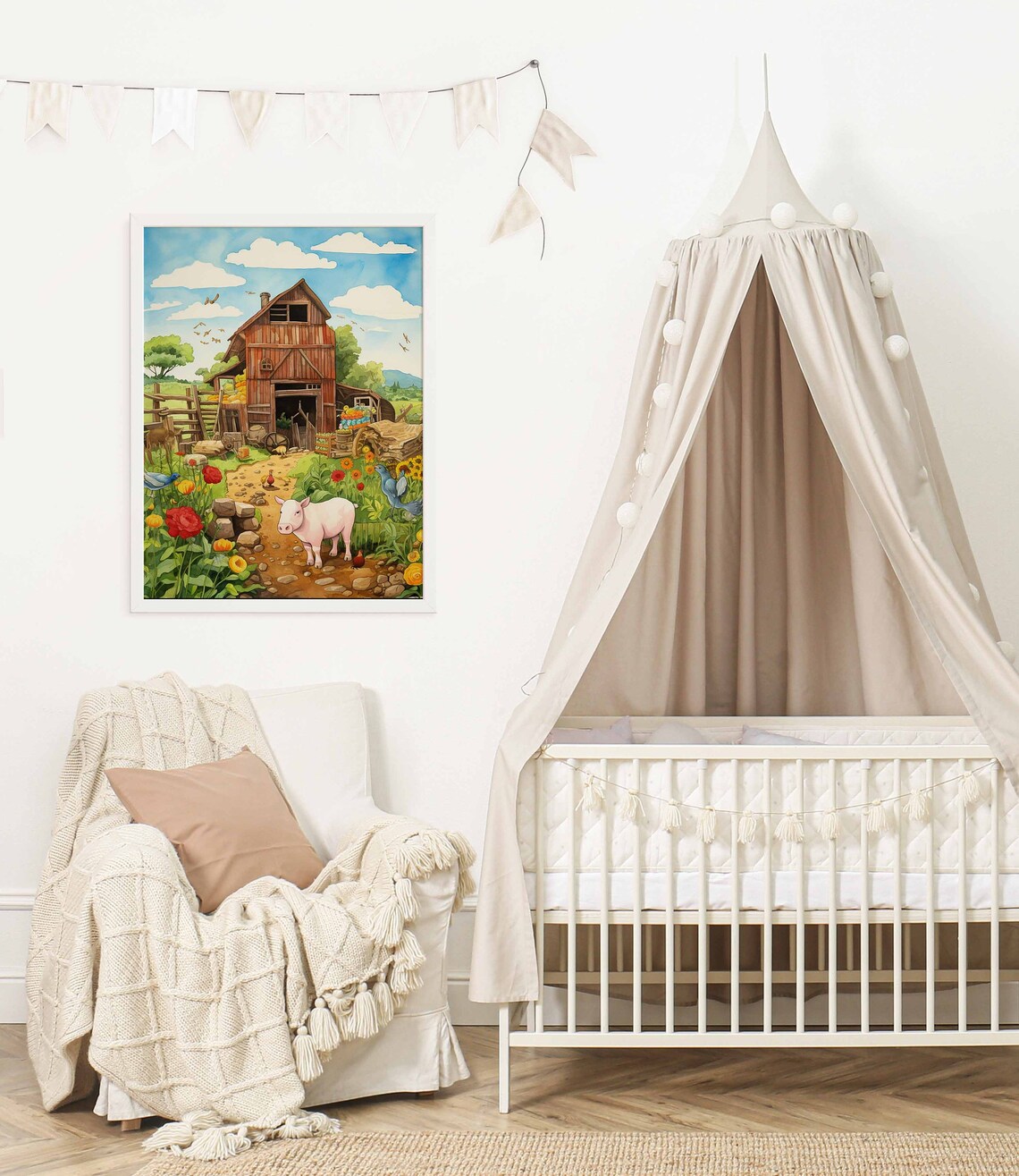 Red Barn Farm Scene With Pink Pig Watercolor Storybook Poster - Image 2