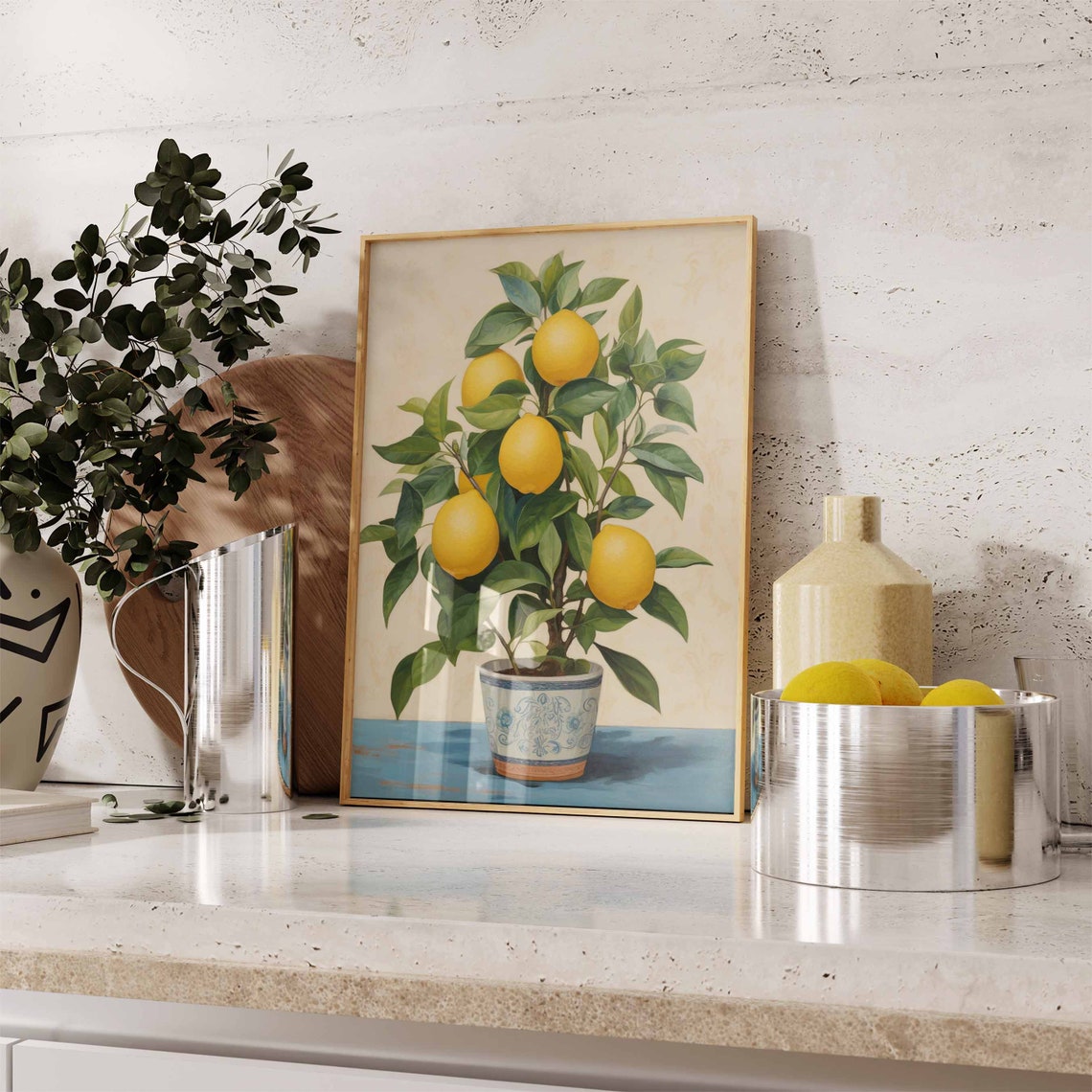 Vintage Cream Potted Lemon Tree Blue Ceramic Pot Botanical Poster - Image 2