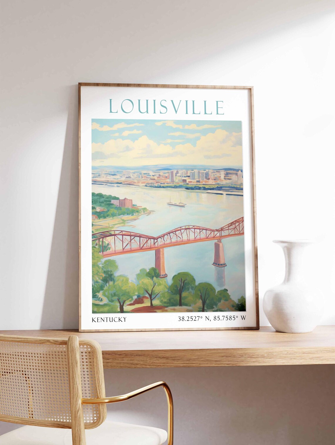 Louisville Kentucky Ohio River Bridge Skyline Evening Travel Poster