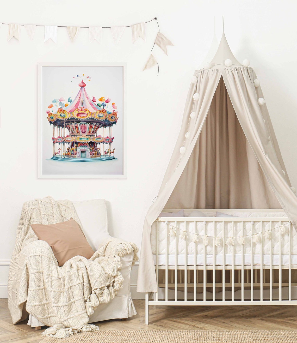 Pastel Pink Carousel Watercolor Poster for a Soft Girls Nursery - Image 2