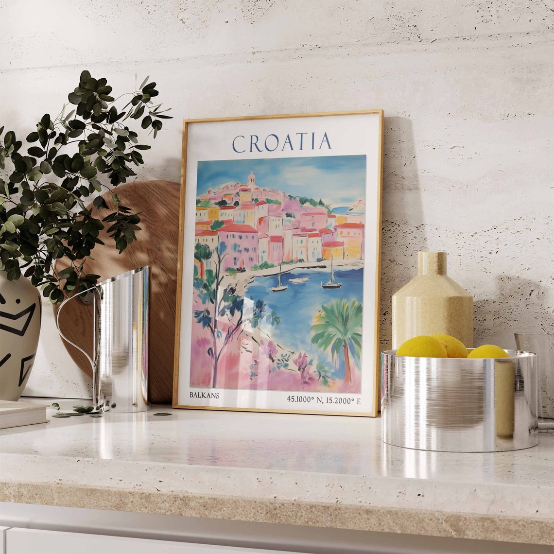 Croatia Hillside Town with Sailboats in a Blue Bay Poster Art - Image 3
